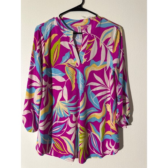 Floral Vibrant Tunic Top Dear Scarlett S Button Tab Sleeves - Picture 1 of 5